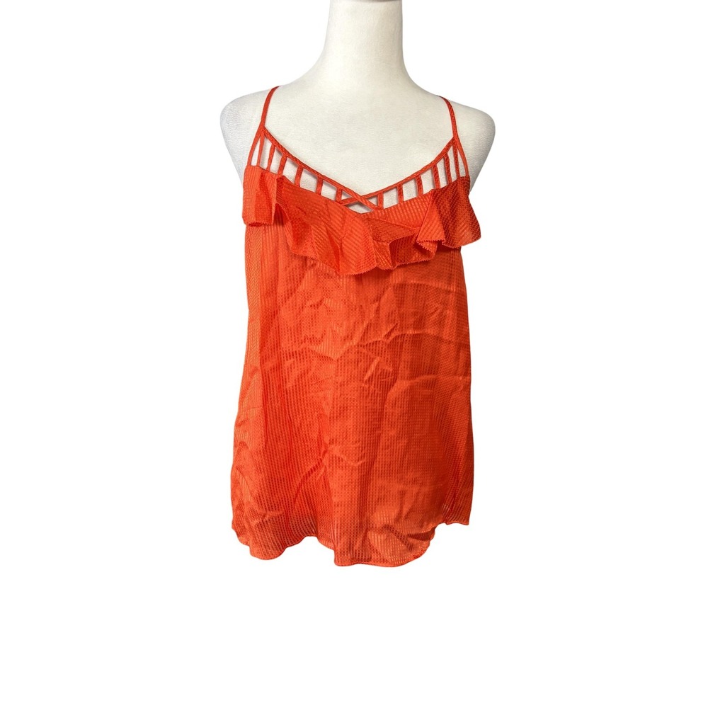 Rebecca Minkoff Womens Cami Top 4 Orange Silk Blend Ruffle Sheer‎ Strappy